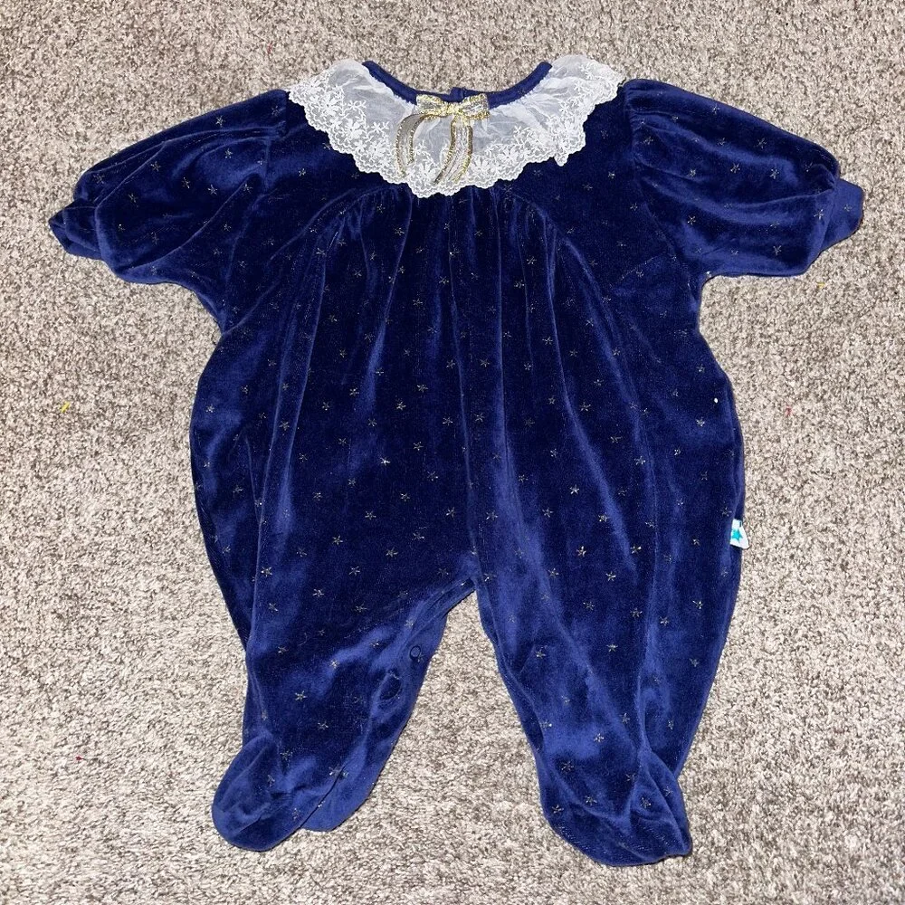 Little Me 6/9 Months Baby Girl Vintage Romper One Piece Star Print Navy Velour